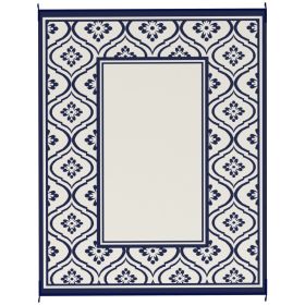Reversible Outdoor Rug, Waterproof Plastic Straw With Carry Bag, 8 X 10, Blue & White Gourd Border (Option: BLUE)