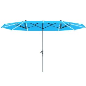 15ft Double-Sided Outdoor Umbrella With Solar Lights, Extra Large Aluminum Patio Umbrella With Crank, Blue (Option: BLUE)
