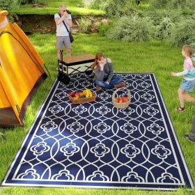 Reversible Outdoor Rug, Waterproof Plastic Straw With Carry Bag, 9 X 18, Blue & White Lantern (Option: BLUE)